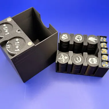 Commander Cube open, with the removable dice and token organizer