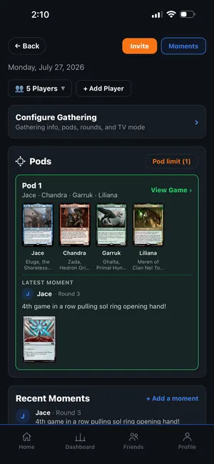 TurnZero HQ's gathering screen: a pod of four commanders, TV mode configuration, and the latest Moment