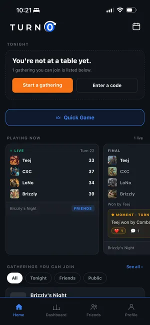 TurnZero HQ home screen showing a friend's live game with life totals, a finished game, and a Moment with reactions