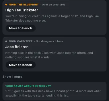 Two cut suggestions in TurnZero HQ, each labelled with where it came from: High Fae Trickster from the blueprint because the deck runs 29 creatures against a target of 12, and Jace Beleren from card text because nothing else in the deck uses what it offers