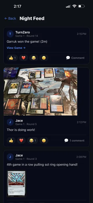 TurnZero HQ's Night Feed: a player Moment with a photo of the board, reactions and comments, and an automatic win recap
