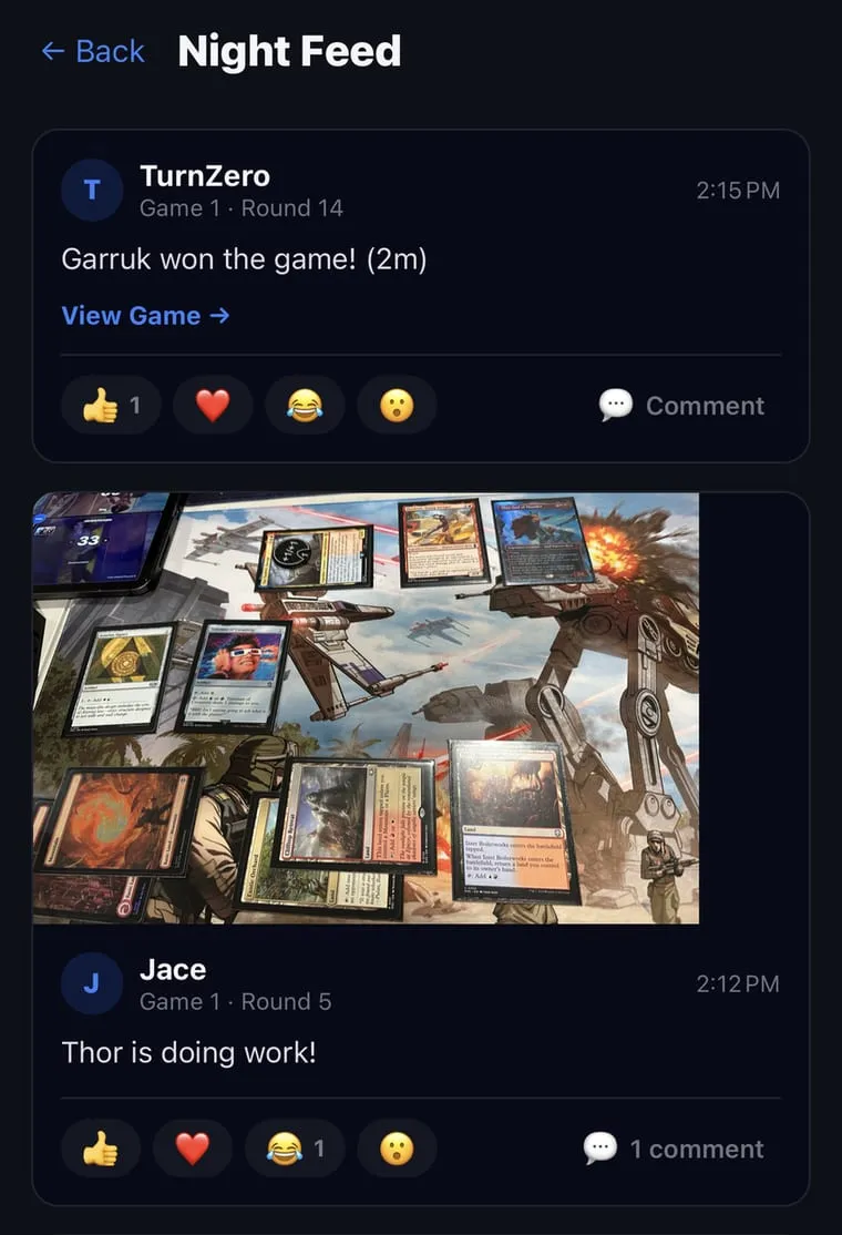 The Night Feed in the TurnZero HQ app: a post from TurnZero reading "Garruk won the game!" with a View Game link and four emoji reactions, and below it a player's photo of the table captioned "Thor is doing work!" carrying one comment.