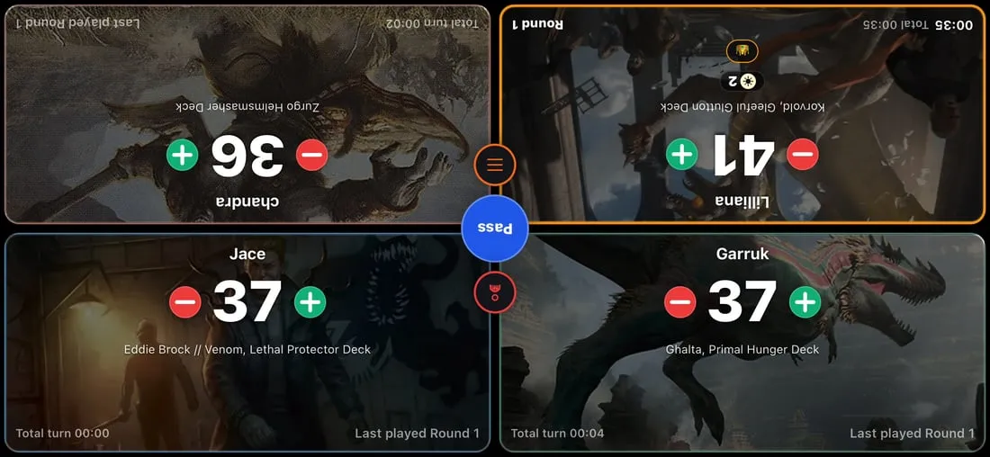 A four-player Commander game in TurnZero HQ, every seat drawn over its commander's card art: Chandra on 36 playing the Zurgo Helmsmasher Deck, Lilliana on 41 playing the Korvold, Gleeful Glutton Deck and holding two white mana and the monarch crown, Jace on 37 playing the Eddie Brock // Venom, Lethal Protector Deck, and Garruk on 37 playing the Ghalta, Primal Hunger Deck. Each seat carries plus and minus buttons, a turn timer and the round it last played in, around a central Pass button, and the two far seats are rotated to face the players sitting there.