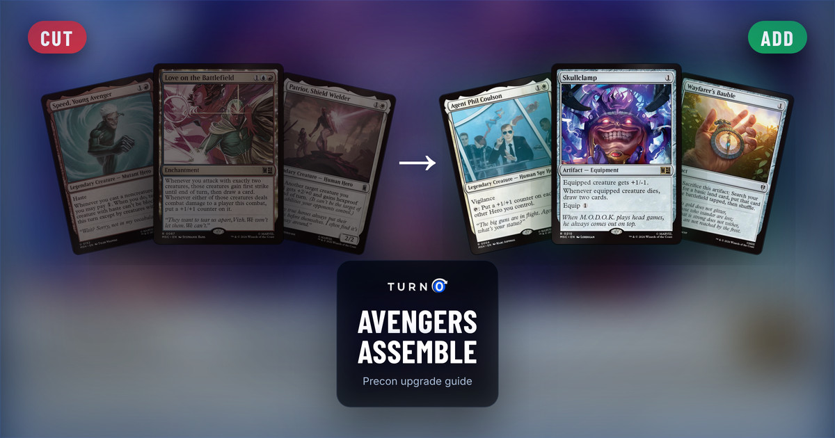 Six Magic cards for the Avengers Assemble Commander precon: Speed, Young Avenger, Love on the Battlefield and Patriot, Shield Wielder on the left, tagged to cut, and Agent Phil Coulson, Skullclamp and Wayfarer's Bauble on the right, tagged to add.