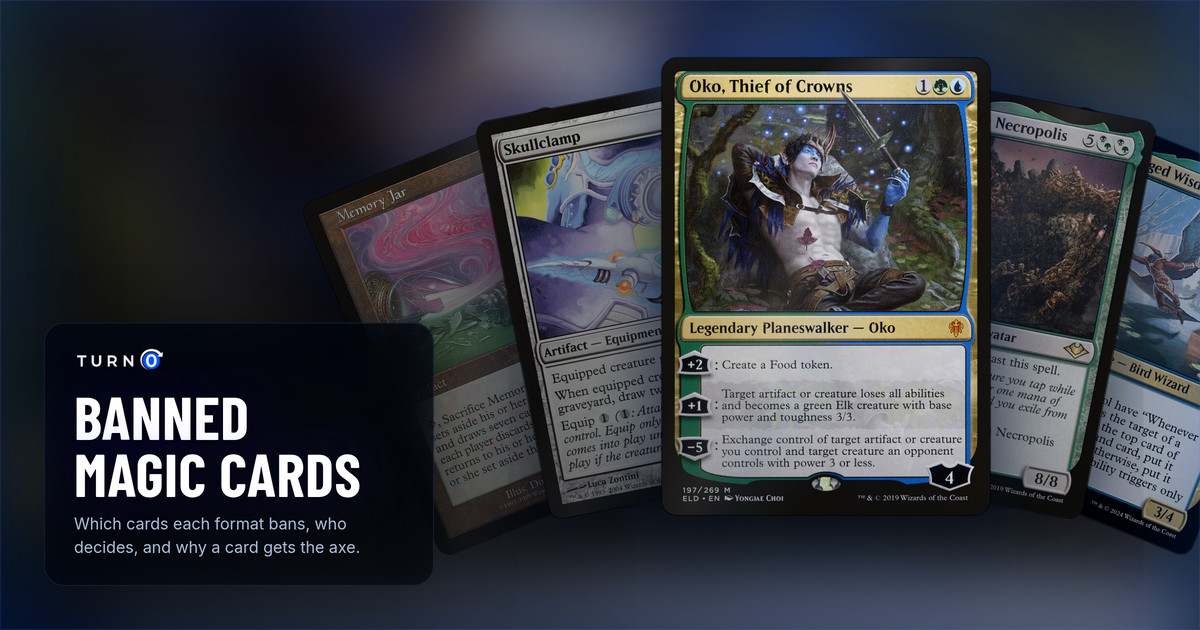 Five famous banned Magic cards fanned out: Memory Jar, Skullclamp, Oko, Thief of Crowns in front, Hogaak, Arisen Necropolis and Nadu, Winged Wisdom.