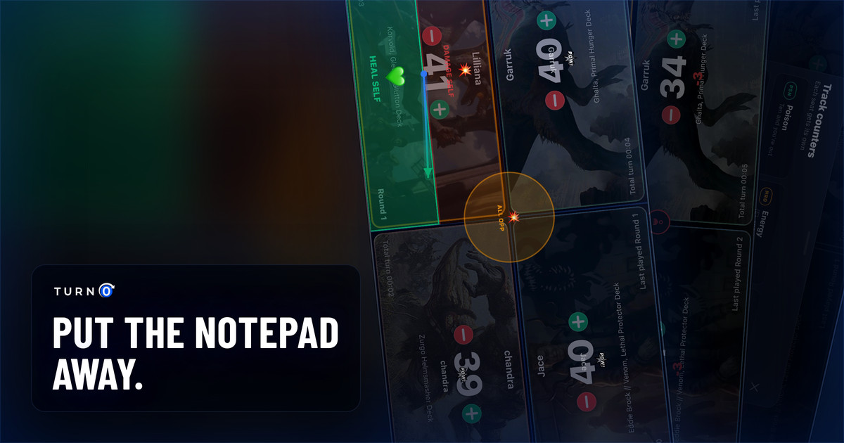Three phones overlapping, all showing a live Commander game: a damage drag, a board part-way through round two, and the counter grid.