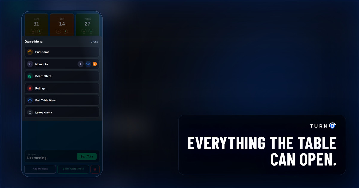 The full in-game menu, with Moments, Board State and Rulings listed as rows a player can open mid-game.