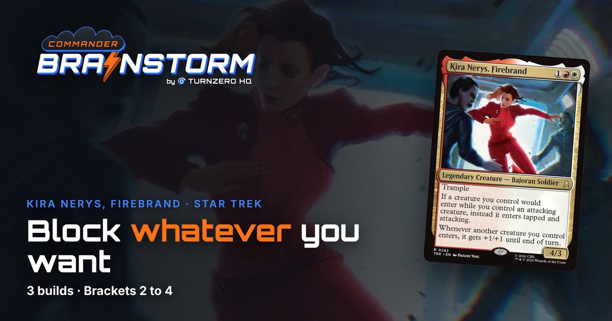 The Commander Brainstorm cover: the series logo, a storm cloud over BRAINSTORM with a lightning bolt for its I, over the art of Kira Nerys, Firebrand, with the card itself on the right.
