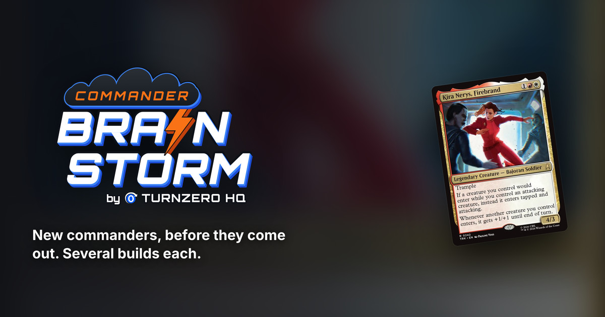 The Commander Brainstorm logo, a storm cloud reading COMMANDER over BRAIN and STORM, with an orange lightning bolt from the cloud for the I, beside the commanders the series has covered.