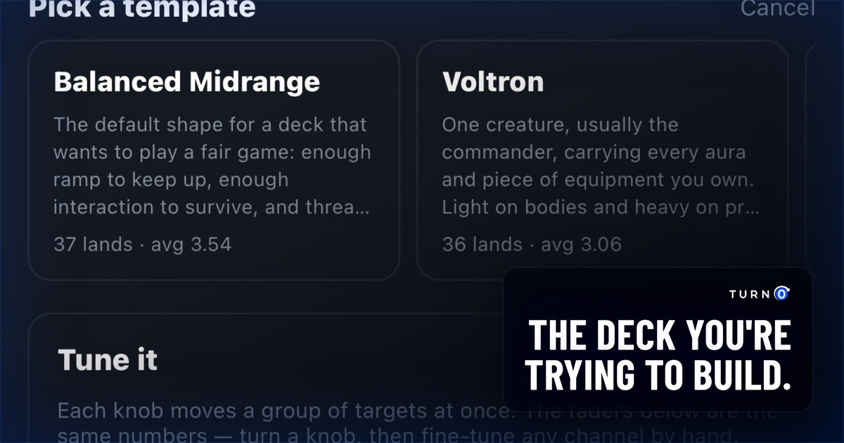 The Deck Lab's template picker, showing Balanced Midrange and Voltron side by side with the land count and average mana value each aims at.