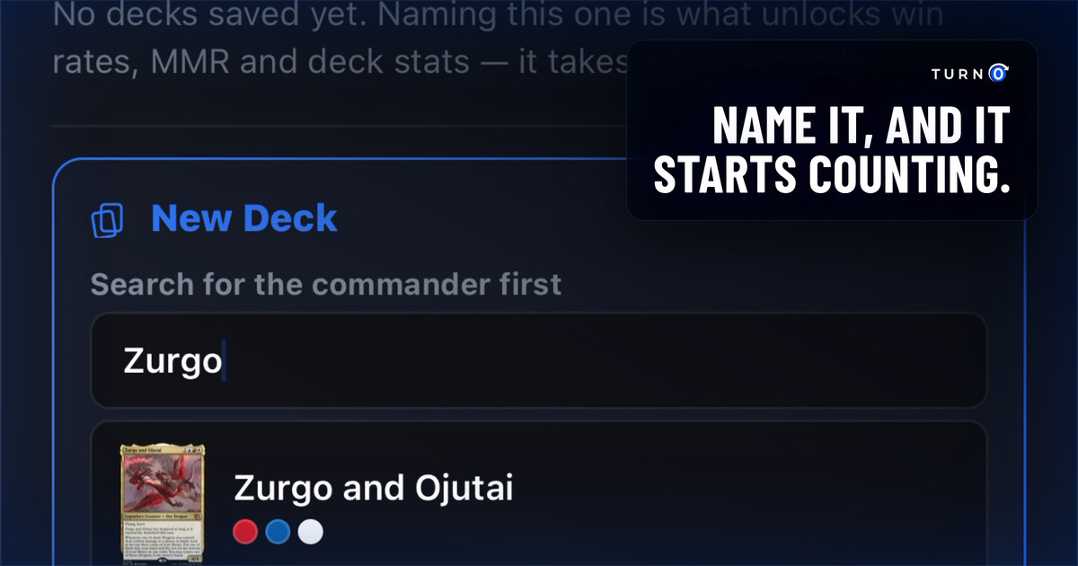 The new-deck sheet, searching for a commander, above the note that naming the deck is what unlocks its win rate, MMR and stats.