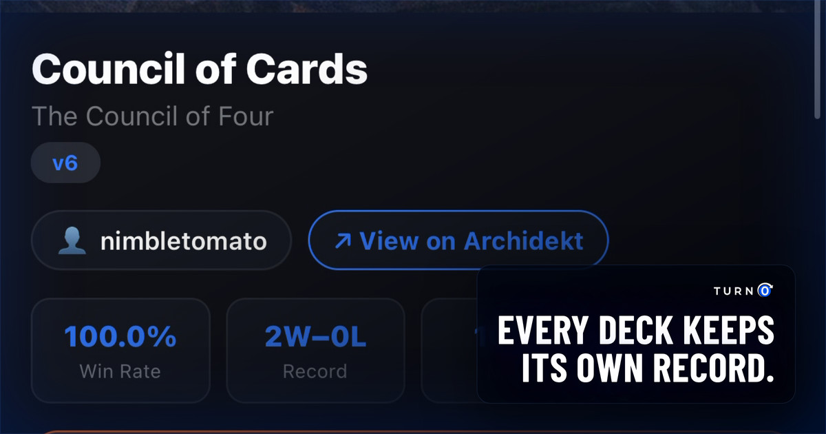 A deck's page in TurnZero, showing its name, its owner and its record: win rate, wins and losses, MMR and deck value.