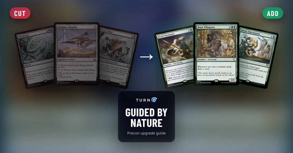 Six Magic cards for the Guided By Nature Commander precon: Whirlwind, Predator, Flagship and Grave Sifter on the left, tagged to cut, and Elvish Warmaster, Beast Whisperer and Heroic Intervention on the right, tagged to add.