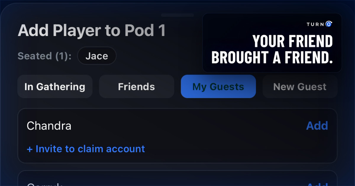 The Add Player sheet on a phone, with tabs for people in the gathering, friends, saved guests and a new guest, and an Add button beside each name.