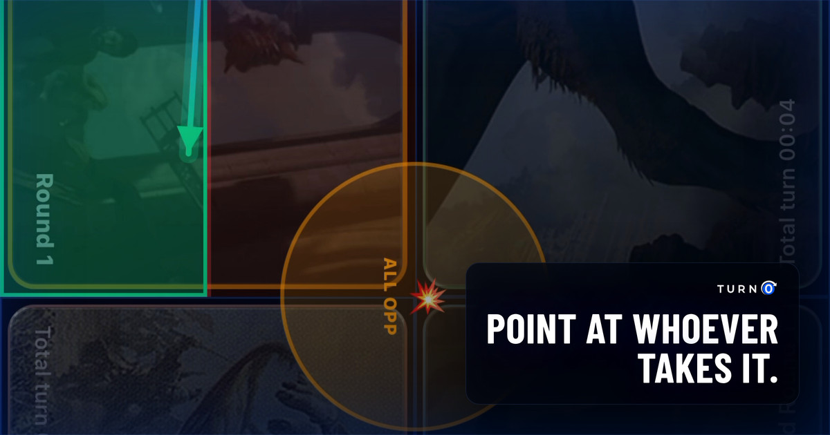 A damage drag in progress on the Commander board: an arrow drawn from the attacking seat to its target, with green heal and red damage zones and an amber all-opponents circle.
