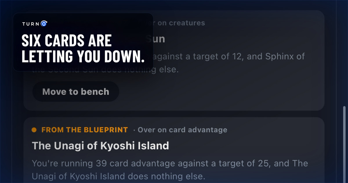 The Deck Lab's list of suggested cuts, each named card carrying the reason it was suggested and a Move to bench button.