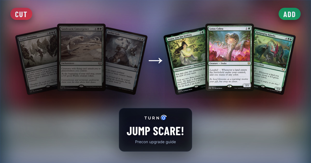Six Magic cards for the Jump Scare! Commander precon: Ezuri's Predation, Sandwurm Convergence and Aether Gale on the left, tagged to cut, and Azusa, Lost but Seeking, Lotus Cobra and Rampaging Baloths on the right, tagged to add.