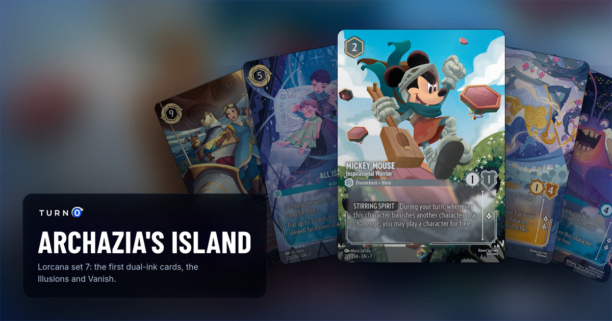 Five Archazia's Island Enchanted cards fanned out: Belle - Mechanic Extraordinaire, All Is Found, Mickey Mouse - Inspirational Warrior in front, Aurora - Waking Beauty and Tamatoa - Happy as a Clam.