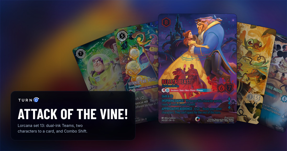 Five Attack of the Vine! Iconic and Enchanted cards fanned out: Woody & Buzz Lightyear - Best Buddies, Winnie the Pooh & Piglet - Hunny Mages, Belle & Beast - Certain as the Sun in front, Lilo & Stitch - Fun-Loving Friends and Mickey Mouse & Minnie Mouse - Adventuring Duo.