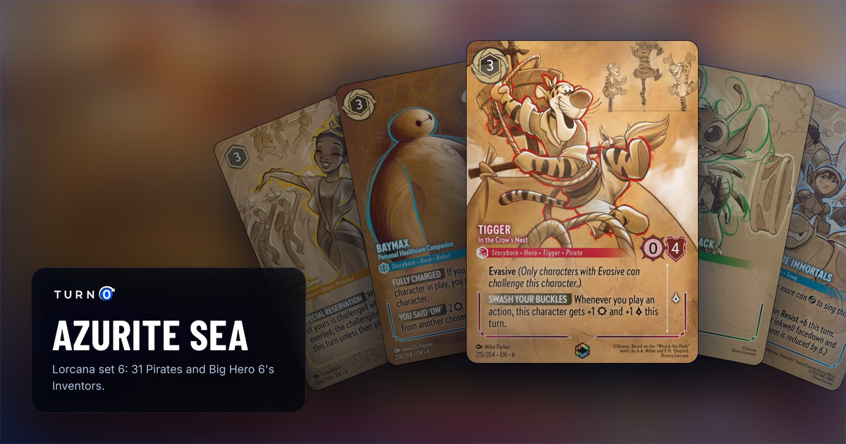 Five Azurite Sea Enchanted cards fanned out: Tiana - Restaurant Owner, Baymax - Personal Healthcare Companion, Tigger - In the Crow's Nest in front, You Came Back and We Could Be Immortals.