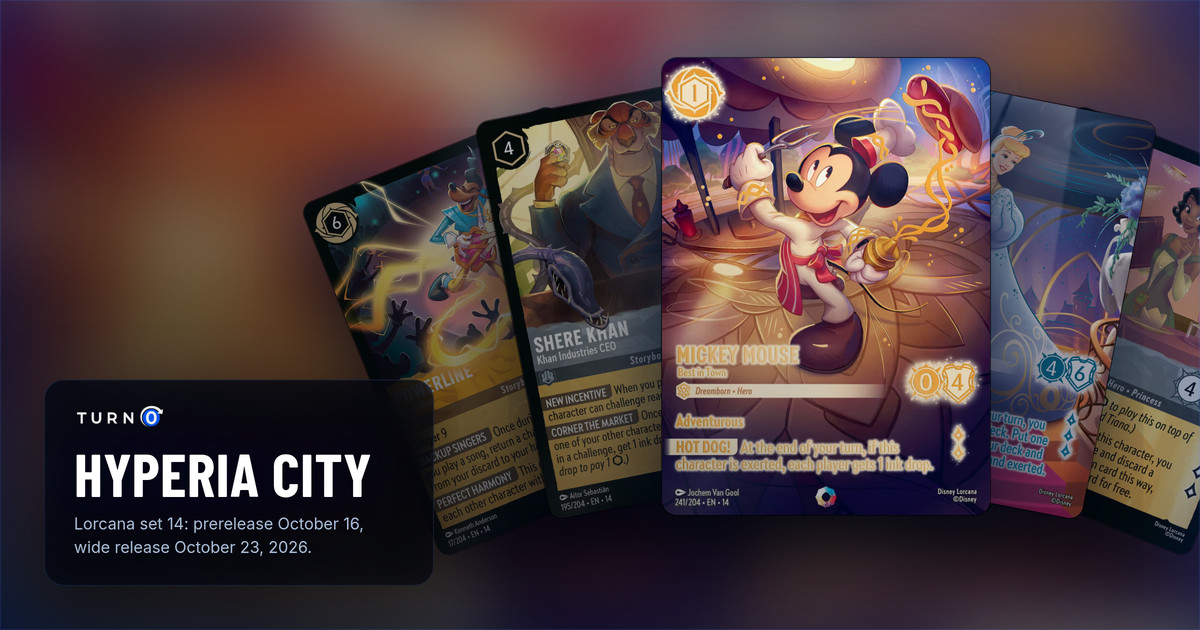 Five Hyperia City cards fanned out: Powerline - Megastar, Shere Khan - Khan Industries CEO, the Iconic Mickey Mouse - Best in Town in front, the Iconic Cinderella - Unintentional Icon and Tiana - Party Hostess.
