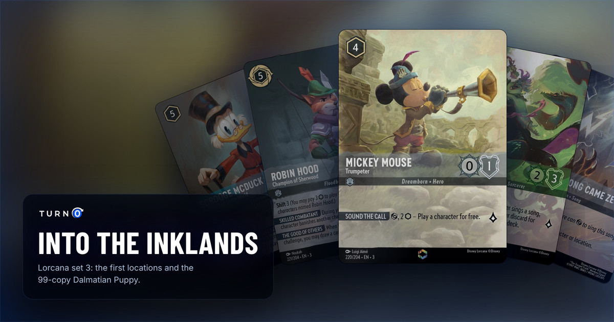 Five Into the Inklands Enchanted cards fanned out: Scrooge McDuck - Richest Duck in the World, Robin Hood - Champion of Sherwood, Mickey Mouse - Trumpeter in front, Ursula - Deceiver of All and And Then Along Came Zeus.