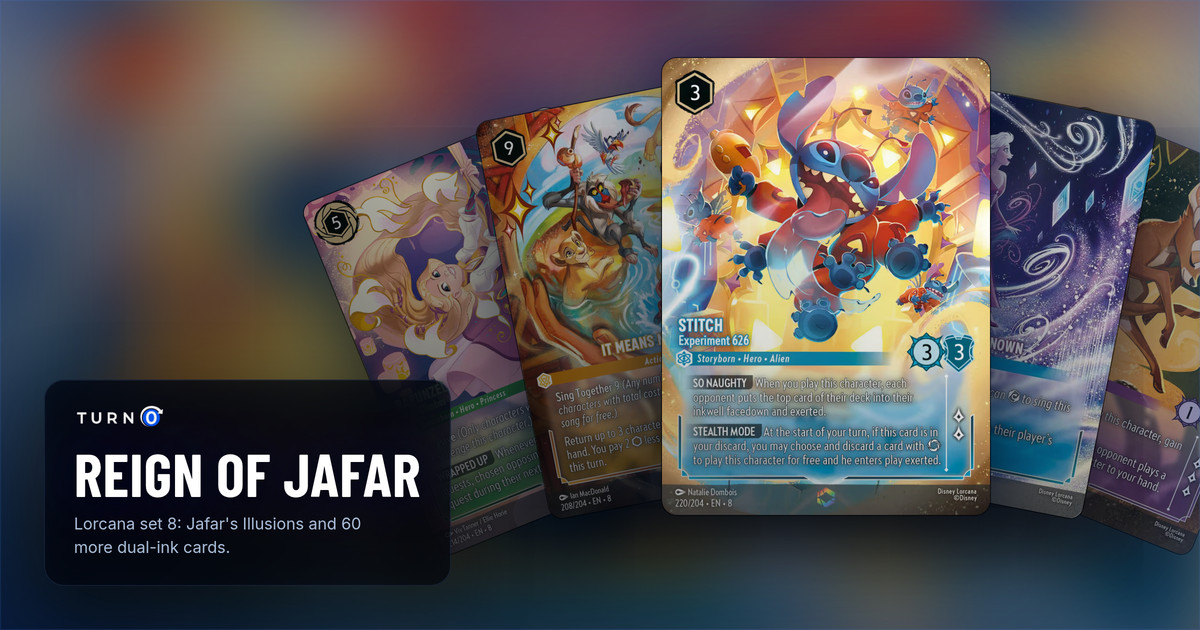 Five Reign of Jafar Enchanted cards fanned out: Rapunzel - High Climber, It Means No Worries, Stitch - Experiment 626 in front, Into the Unknown and Bambi - Little Prince.
