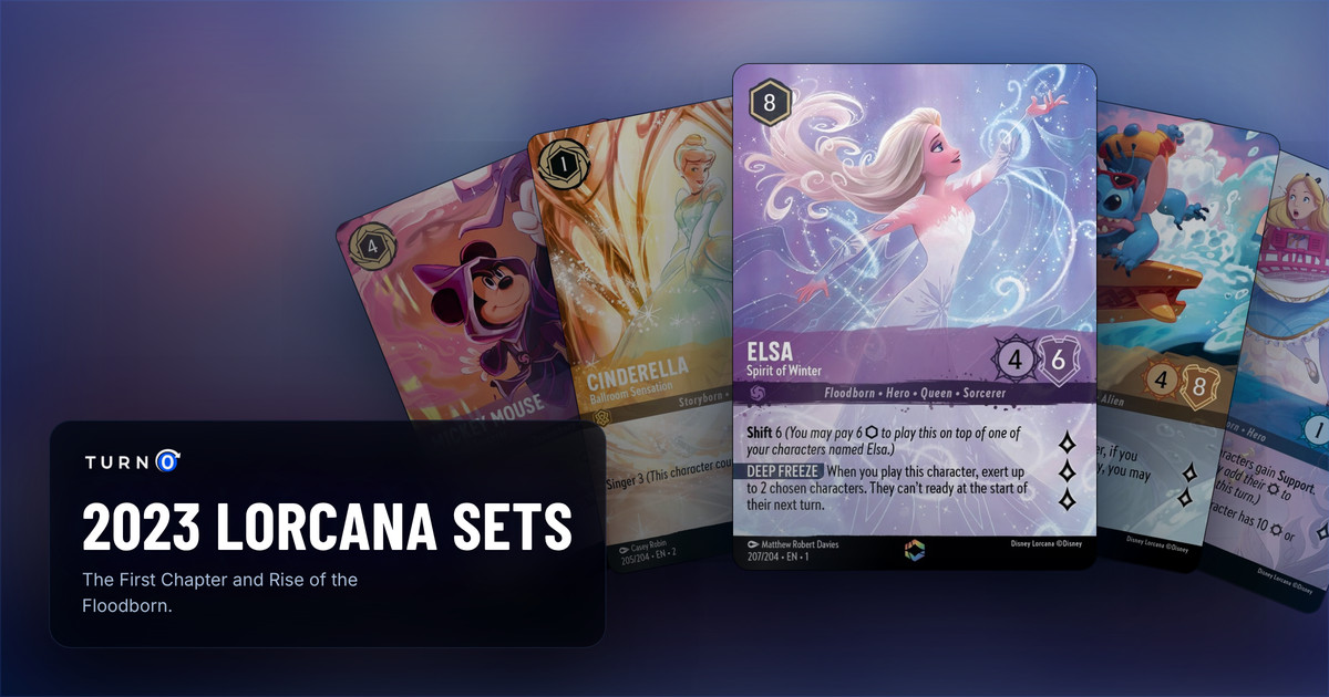 The chase cards of the 2023 Disney Lorcana sets fanned out: Mickey Mouse - Wayward Sorcerer, Cinderella - Ballroom Sensation, Elsa - Spirit of Winter in front, Stitch - Carefree Surfer and Alice - Growing Girl.