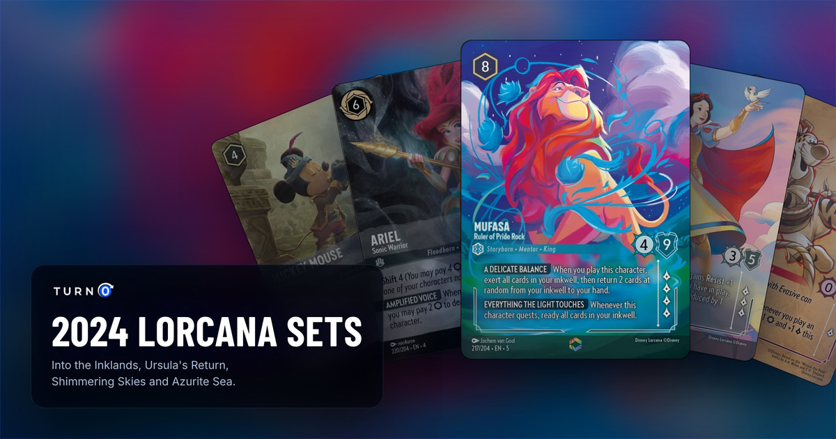 The chase cards of the 2024 Disney Lorcana sets fanned out: Mickey Mouse - Trumpeter, Ariel - Sonic Warrior, Mufasa - Ruler of Pride Rock in front, Snow White - Fair-Hearted and Tigger - In the Crow's Nest.