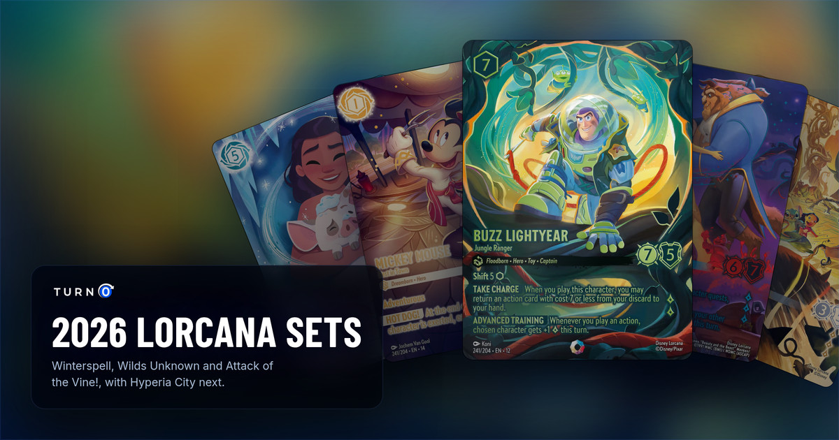 The chase cards of the 2026 Disney Lorcana sets fanned out: Moana - Curious Explorer, Mickey Mouse - Best in Town, Buzz Lightyear - Jungle Ranger in front, Belle & Beast - Certain as the Sun and Lilo & Stitch - Fun-Loving Friends.