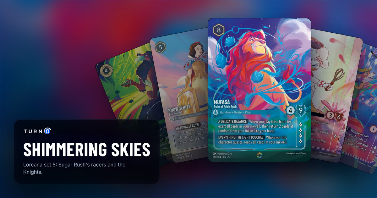 Five Shimmering Skies Enchanted cards fanned out: Scar - Vengeful Lion, Snow White - Fair-Hearted, Mufasa - Ruler of Pride Rock in front, Donald Duck - Pie Slinger and Robin Hood - Sharpshooter.