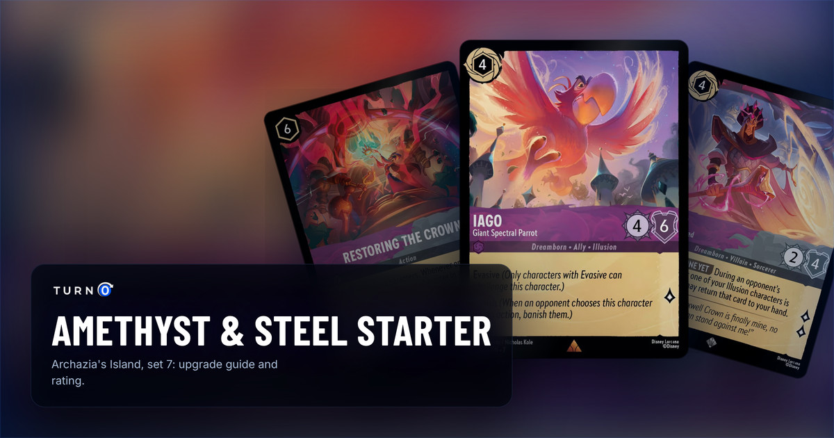 Three cards from the Disney Lorcana Amethyst & Steel starter deck fanned out: Iago - Giant Spectral Parrot in front, with Jafar - Newly Crowned and Restoring the Crown behind.