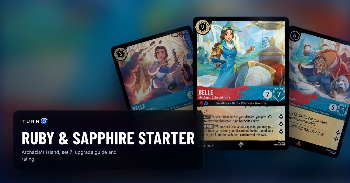 Three cards from the Disney Lorcana Ruby & Sapphire starter deck fanned out: Belle - Mechanic Extraordinaire in front, with Beast - Frustrated Designer and Belle - Apprentice Inventor behind.