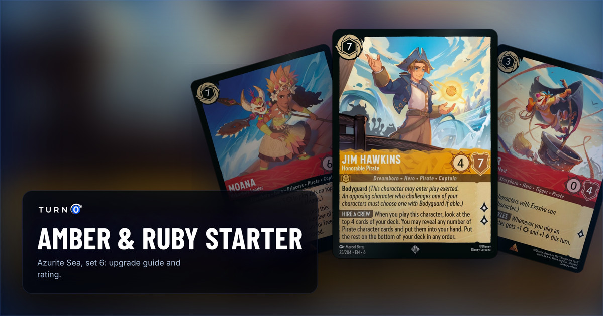 Three cards from the Disney Lorcana Amber & Ruby starter deck fanned out: Jim Hawkins - Honorable Pirate in front, with Tigger - In the Crow's Nest and Moana - Kakamora Leader behind.