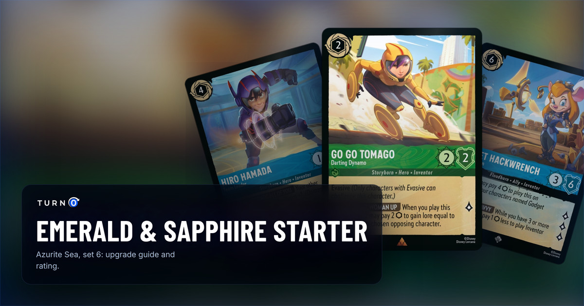 Three cards from the Disney Lorcana Emerald & Sapphire starter deck fanned out: Go Go Tomago - Darting Dynamo in front, with Gadget Hackwrench - Brilliant Bosun and Hiro Hamada - Team Leader behind.
