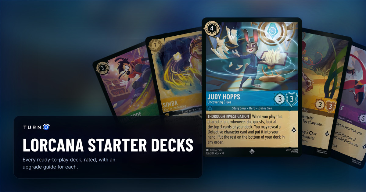 Five Disney Lorcana starter deck characters fanned out: Max Goof - Rebellious Teen, Simba - King in the Making, Judy Hopps - Uncovering Clues, Jessie - Lively Cowgirl, Mrs. Incredible - Super Stretchy.