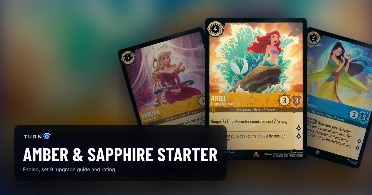 Three cards from the Disney Lorcana Amber & Sapphire starter deck fanned out: Ariel - Singing Mermaid in front, with Mulan - Considerate Diplomat and Aurora - Holding Court behind.