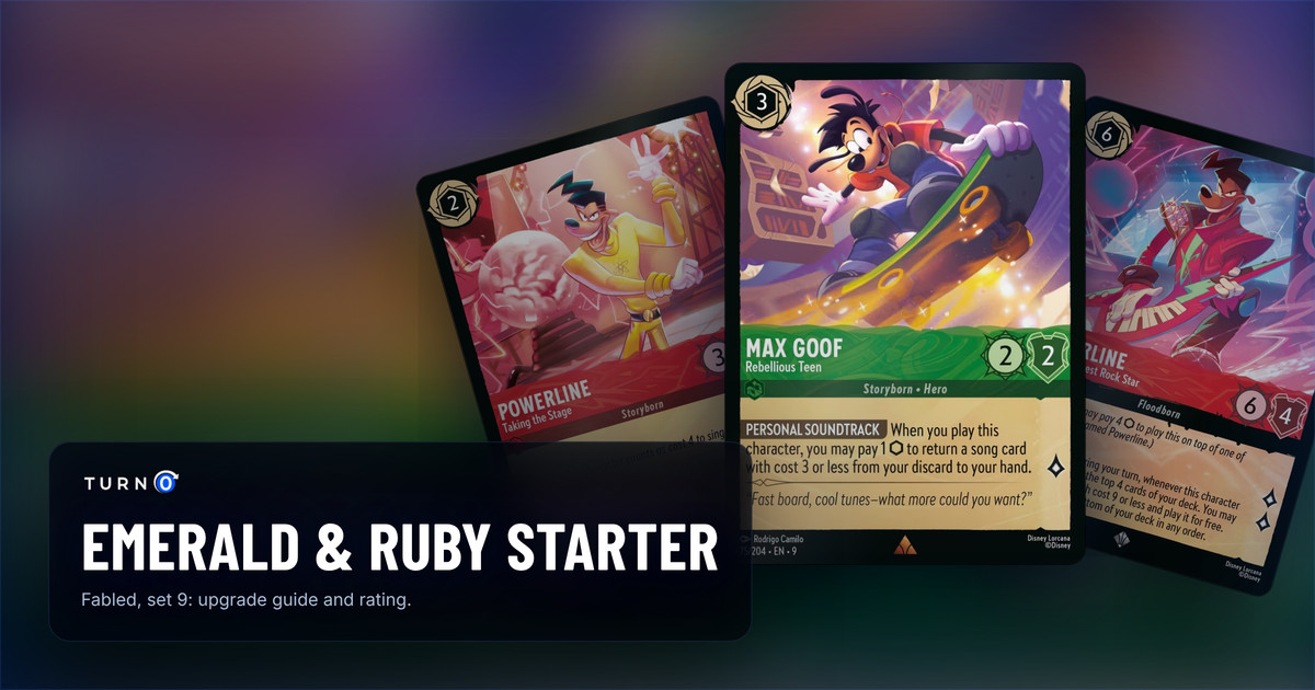 Three cards from the Disney Lorcana Emerald & Ruby starter deck fanned out: Max Goof - Rebellious Teen in front, with Powerline - World's Greatest Rock Star and Powerline - Taking the Stage behind.