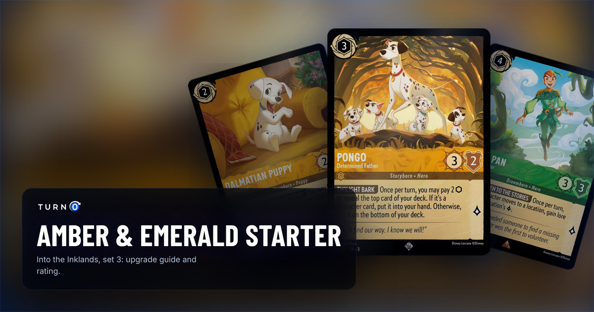 Three cards from the Disney Lorcana Amber & Emerald starter deck fanned out: Pongo - Determined Father in front, with Peter Pan - Lost Boy Leader and Dalmatian Puppy - Tail Wagger behind.