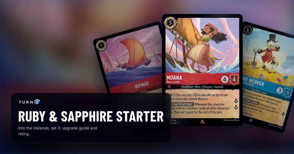 Three cards from the Disney Lorcana Ruby & Sapphire starter deck fanned out: Moana - Born Leader in front, with Scrooge McDuck - Richest Duck in the World and Voyage behind.
