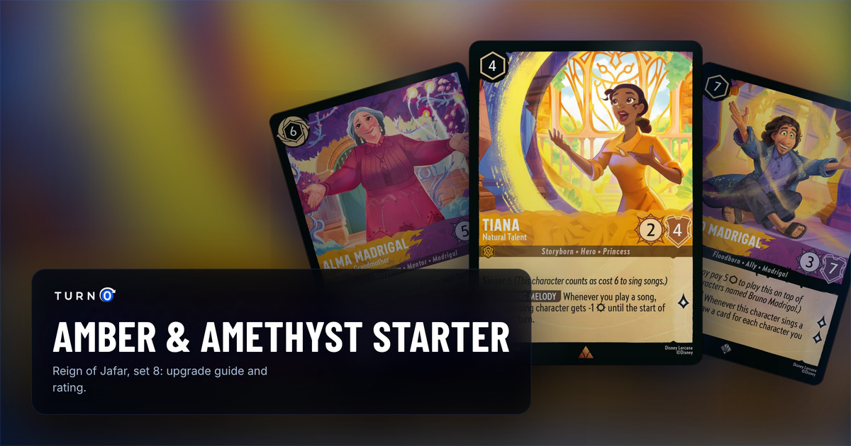 Three cards from the Disney Lorcana Amber & Amethyst starter deck fanned out: Tiana - Natural Talent in front, with Bruno Madrigal - Singing Seer and Alma Madrigal - Accepting Grandmother behind.