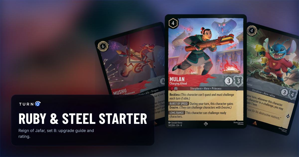 Three cards from the Disney Lorcana Ruby & Steel starter deck fanned out: Mulan - Charging Ahead in front, with Stitch - Alien Troublemaker and Mushu - Your Worst Nightmare behind.