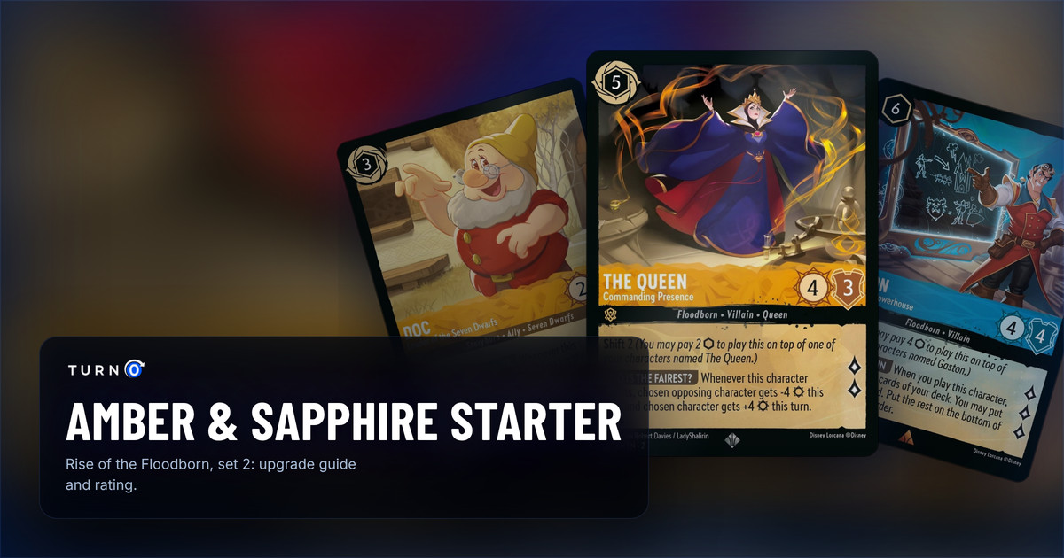 Three cards from the Disney Lorcana Amber & Sapphire starter deck fanned out: The Queen - Commanding Presence in front, with Gaston - Intellectual Powerhouse and Doc - Leader of the Seven Dwarfs behind.