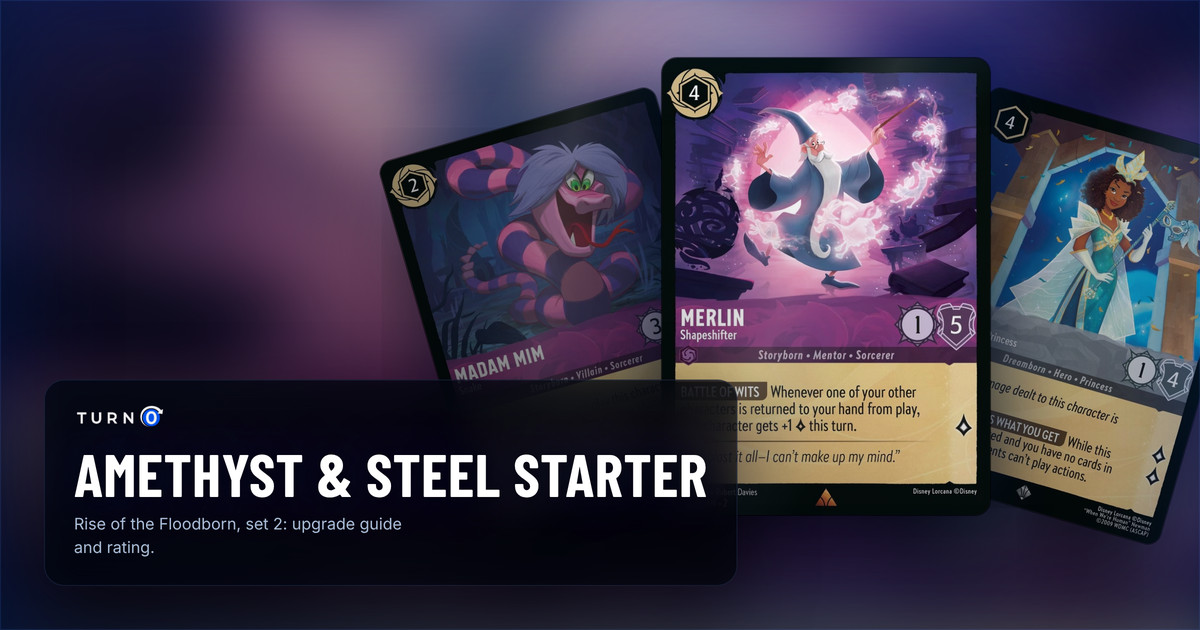 Three cards from the Disney Lorcana Amethyst & Steel starter deck fanned out: Merlin - Shapeshifter in front, with Tiana - Celebrating Princess and Madam Mim - Snake behind.