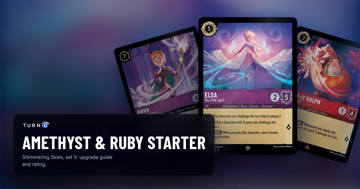 Three cards from the Disney Lorcana Amethyst & Ruby starter deck fanned out: Elsa - The Fifth Spirit in front, with Wreck-It Ralph - Demolition Dude and Anna - Mystical Majesty behind.