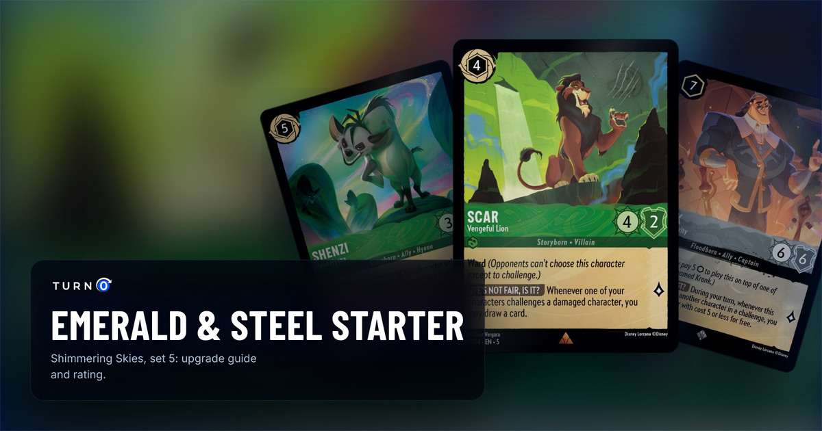 Three cards from the Disney Lorcana Emerald & Steel starter deck fanned out: Scar - Vengeful Lion in front, with Kronk - Head of Security and Shenzi - Head Hyena behind.