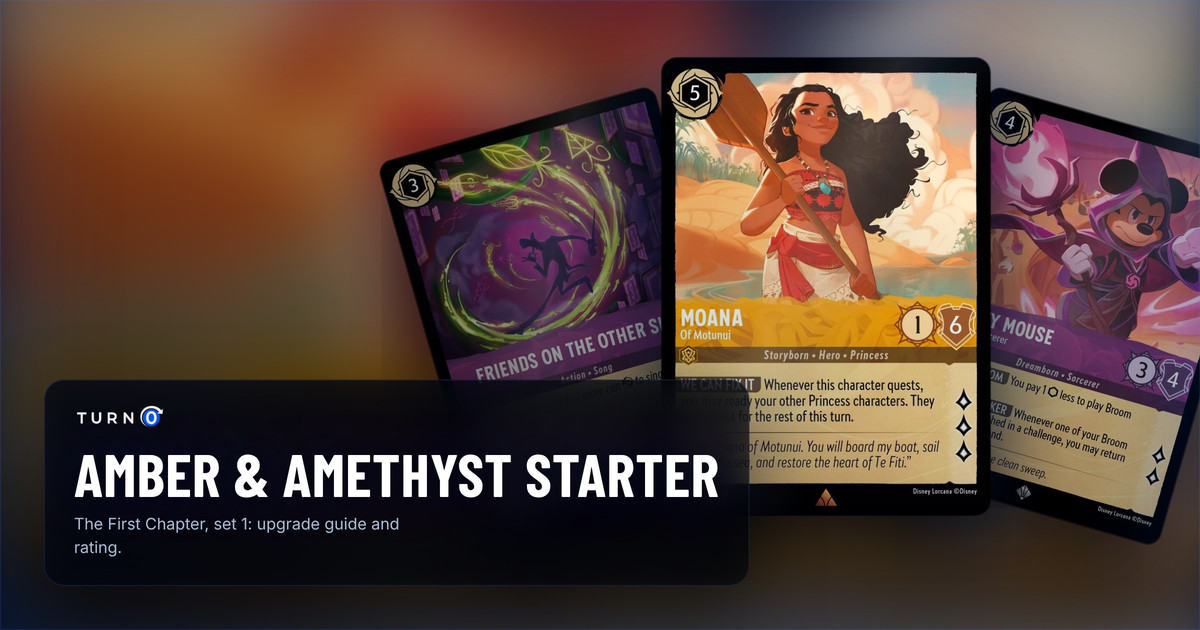Three cards from the Disney Lorcana Amber & Amethyst starter deck fanned out: Moana - Of Motunui in front, with Mickey Mouse - Wayward Sorcerer and Friends on the Other Side behind.
