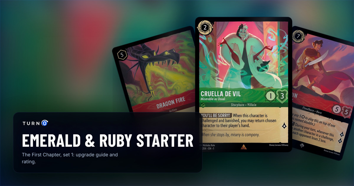 Three cards from the Disney Lorcana Emerald & Ruby starter deck fanned out: Cruella De Vil - Miserable as Usual in front, with Aladdin - Heroic Outlaw and Dragon Fire behind.