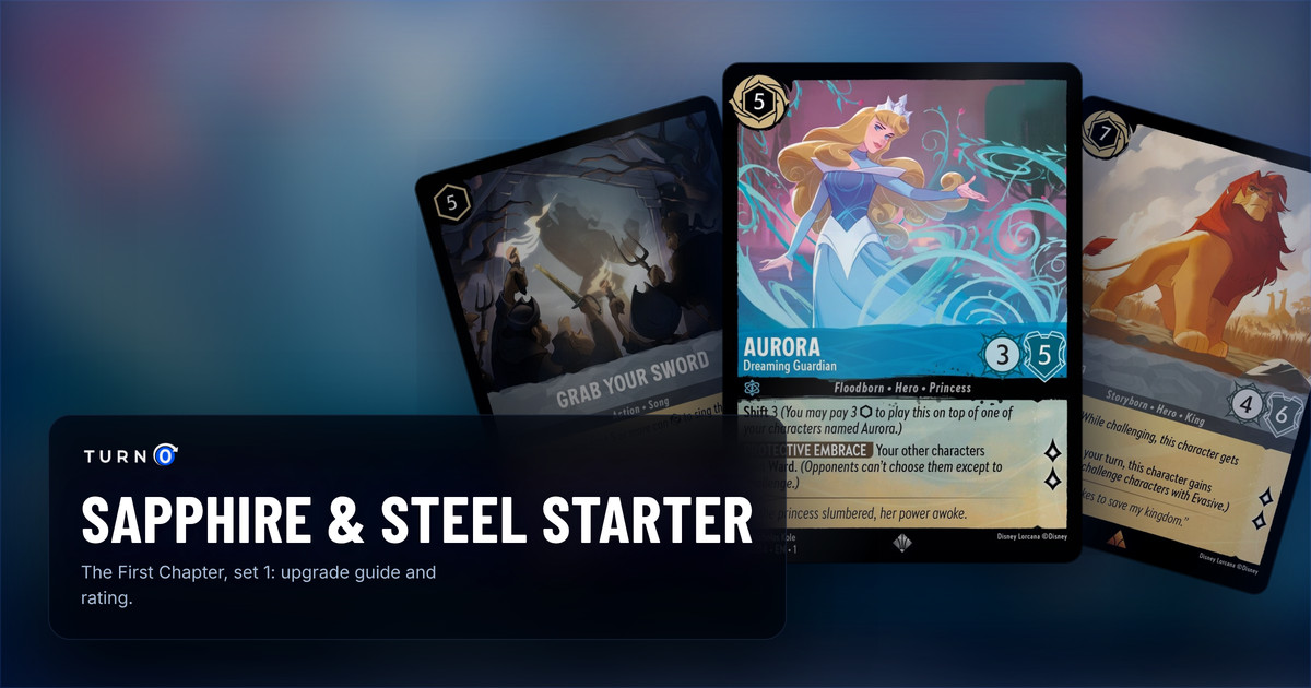 Three cards from the Disney Lorcana Sapphire & Steel starter deck fanned out: Aurora - Dreaming Guardian in front, with Simba - Returned King and Grab Your Sword behind.