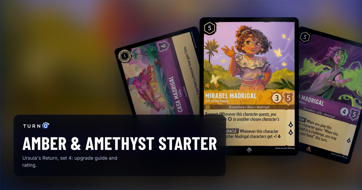 Three cards from the Disney Lorcana Amber & Amethyst starter deck fanned out: Mirabel Madrigal - Gift of the Family in front, with Bruno Madrigal - Out of the Shadows and Casa Madrigal - Casita behind.